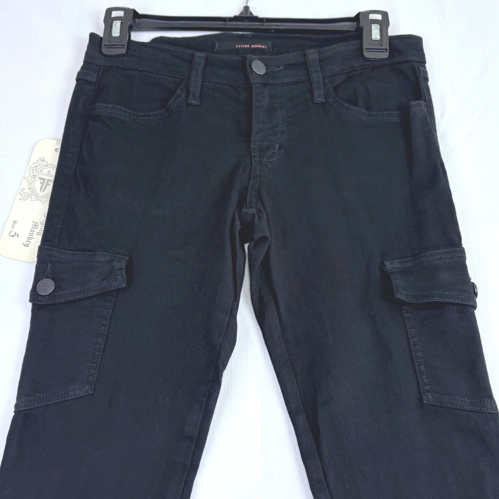 Flying Monkey Womens 5 Skinny Fit Black Cargo Pants Mid Rise Slim Street USA NWT